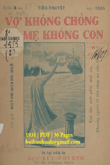 Vợ Không Chồng Mẹ Không Con Cuốn 2 (NXB Đức Lưu Phương 1931) - Huỳnh Quang Huê, 36 Trang
