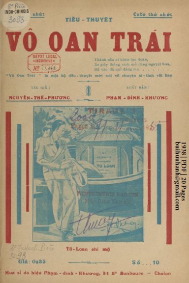Vô Oan Trái Cuốn 1 (NXB Bảo Tồn 1938) - Nguyễn Thế Phương, 20 Trang