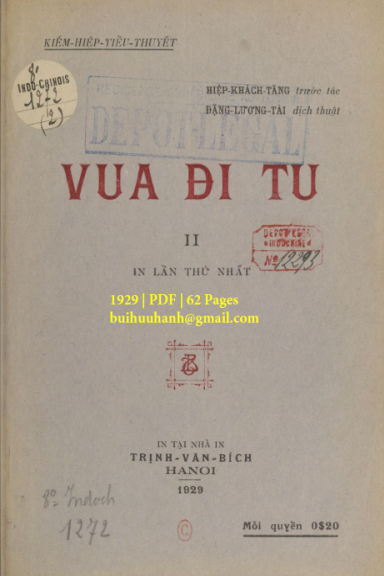 Vua Đi Tu Quyển 2 (NXB Trịnh Văn Bích 1929) - Hiệp Khách Tăng, 62 Trang