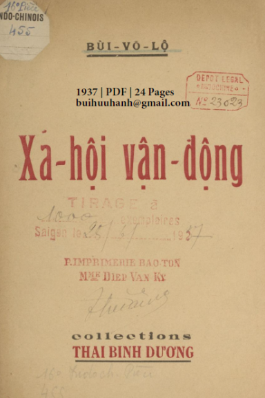 Xã Hội Vận Động (NXB Bảo Tồn 1937) - Bùi Võ Lộ, 24 Trang