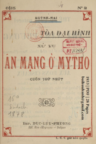 Xử Vụ Án Mạng Ở Mỹ Tho Cuốn 1 (NXB Đức Lưu Phương 1933) - Huỳnh Mai, 28 Trang